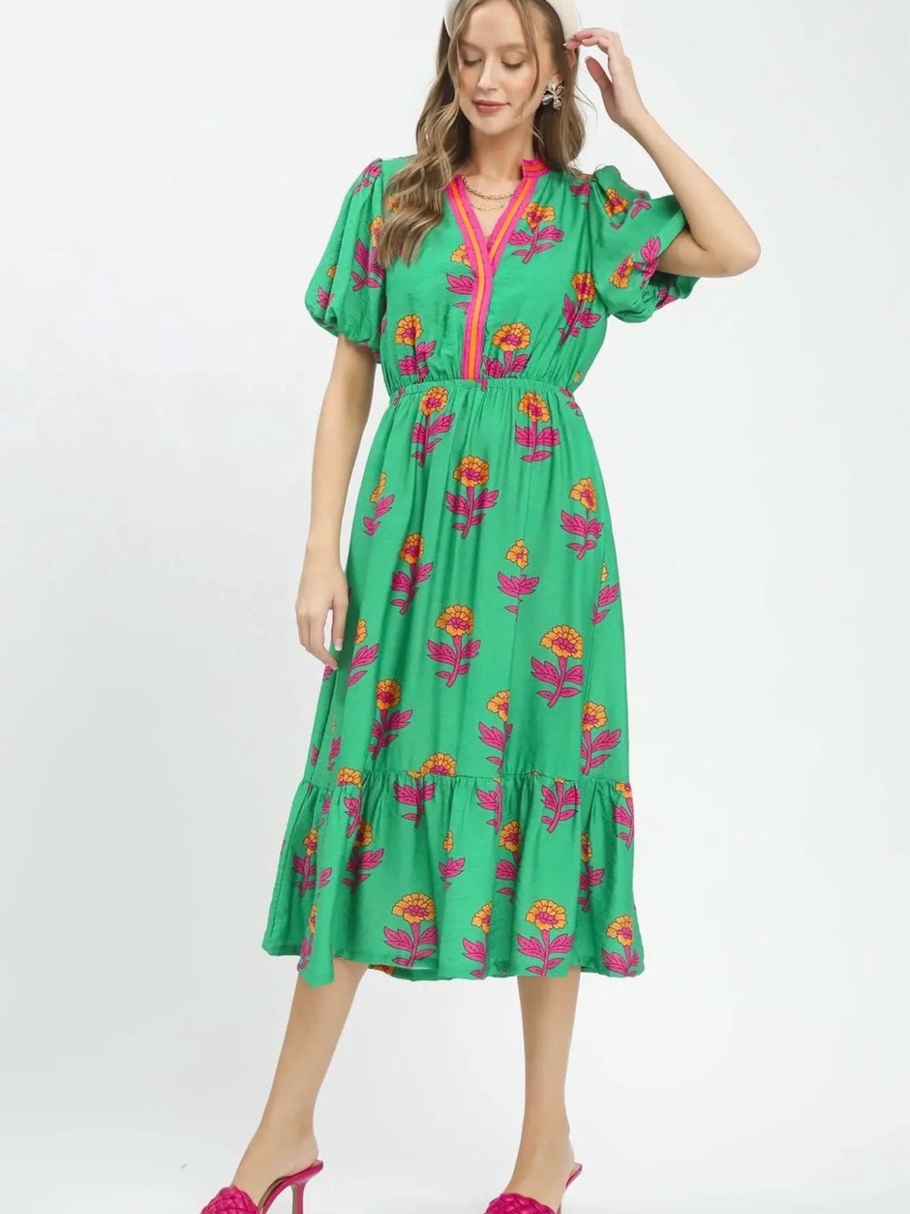 Green Floral Midi Dress with Pink Trim